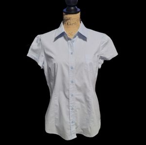 New York & Company Blue/White Pinstriped Short Cap Sleeve Button Blouse - L